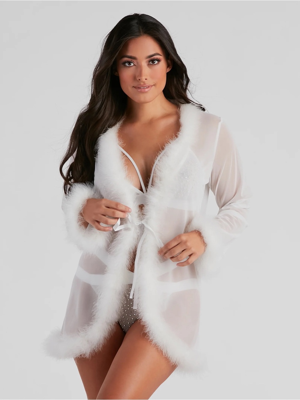Windsor White Sheer Marabou-Trim Robe